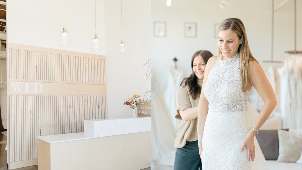 Collage of Front Desk and Bridal Stylist and bride smiling in wedding dress.