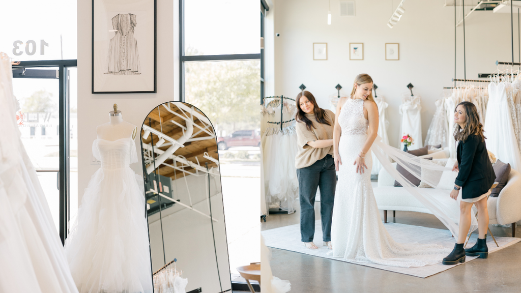 Collage of mannequin with tulle wedding gown and bridal stylists helping bride in wedding dress.